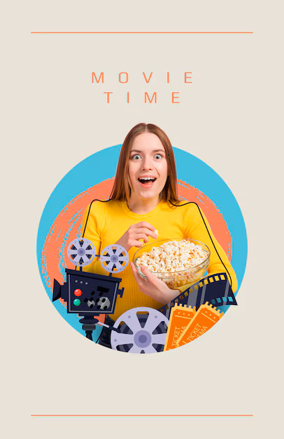 collage about movie time with woman holding popcorn
